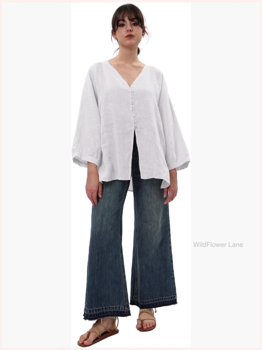 100% Linen Long Sleeve V Neck Button Down Blouse